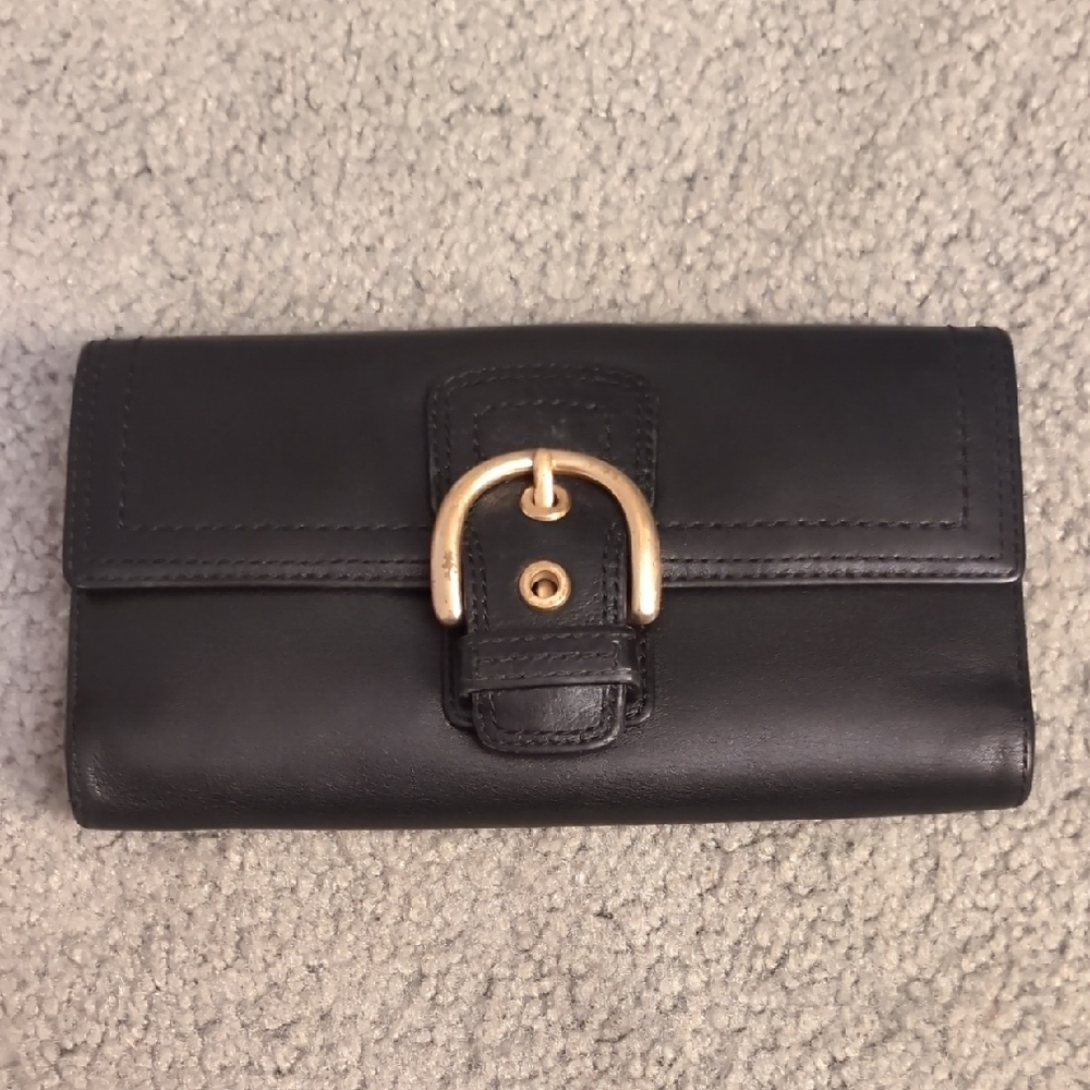 Coach Black Leather Wallet with Gold Buckle